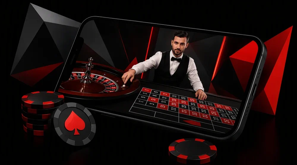 Smartphone zeigt Live-Roulette-Tisch mit Dealer