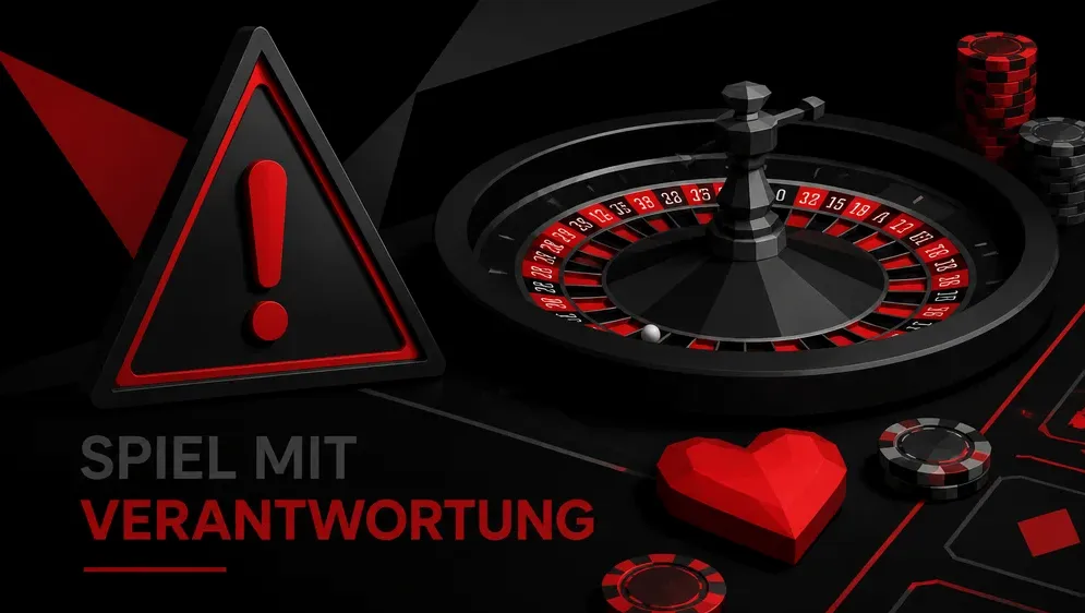 Warnschild neben Roulette-Tisch, verantwortungsvolles Spielen